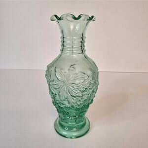 Green Glass Vase Imperial Glass Loganberry Pressed Floral Pattern Fluted Vintage